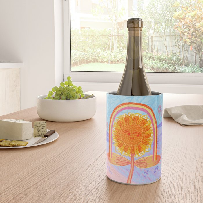 Retro Sunflower & Rainbow in Blue & Pink Wine Chiller Gallery Image 4