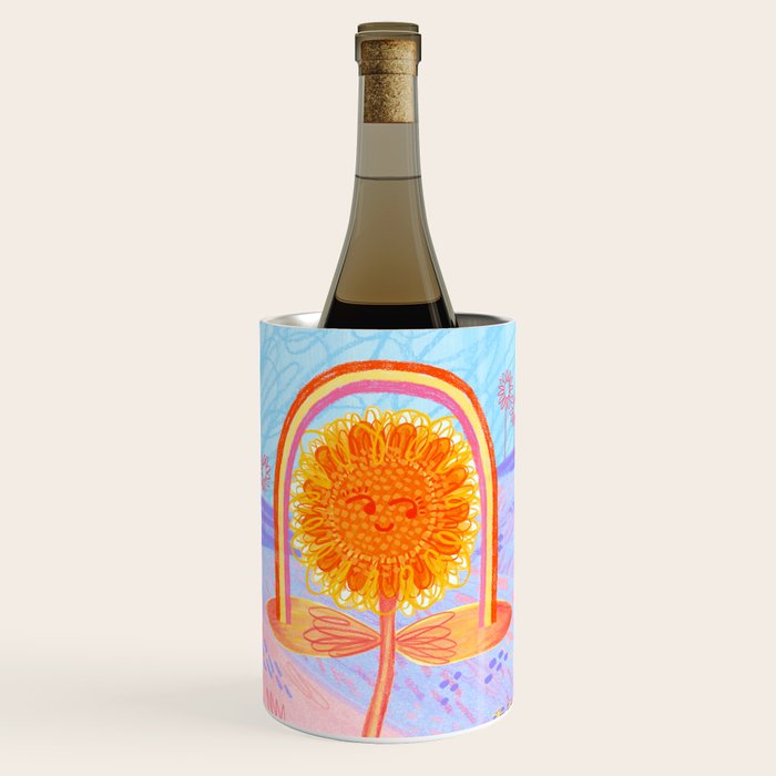 Retro Sunflower & Rainbow in Blue & Pink Wine Chiller Gallery Image 1