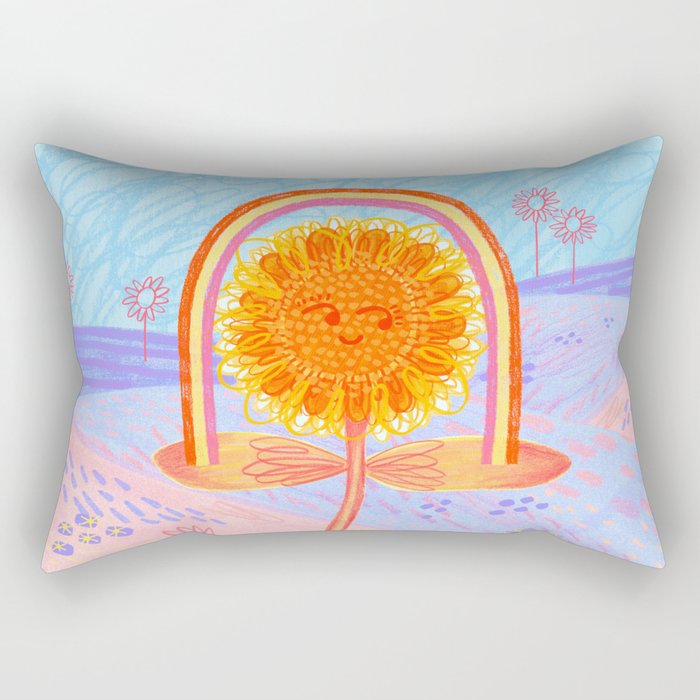 Retro Sunflower & Rainbow in Blue & Pink Rectangular Pillow Gallery Image 1