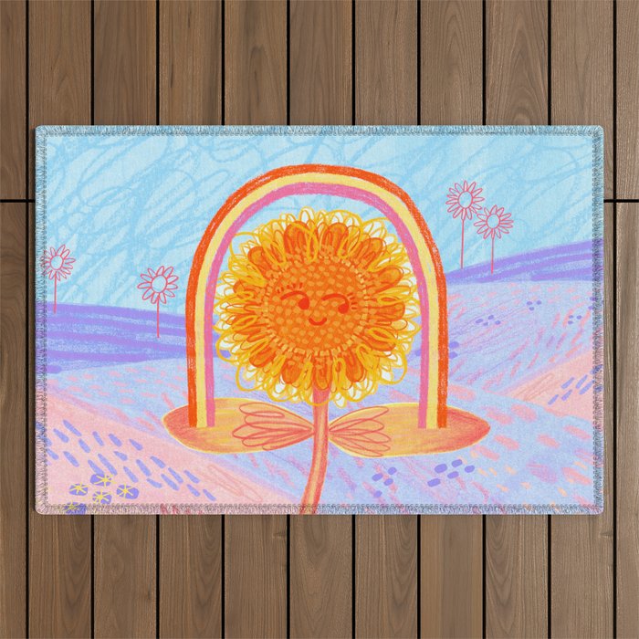 Retro Sunflower & Rainbow in Blue & Pink Outdoor Rug Gallery Image 1