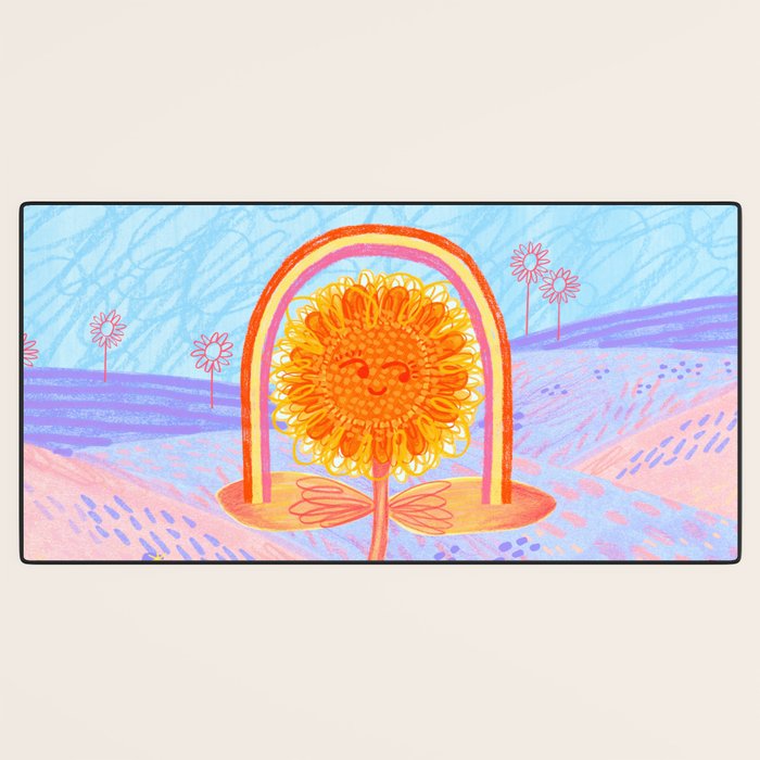 Retro Sunflower & Rainbow in Blue & Pink Desk Mat Gallery Image 3