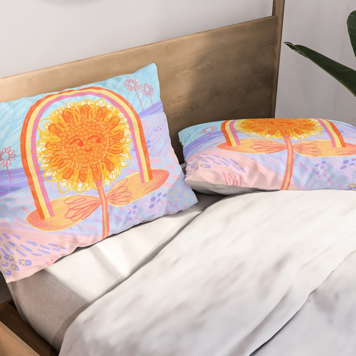 Retro Sunflower & Rainbow in Blue & Pink Pillow Sham Gallery Image 2