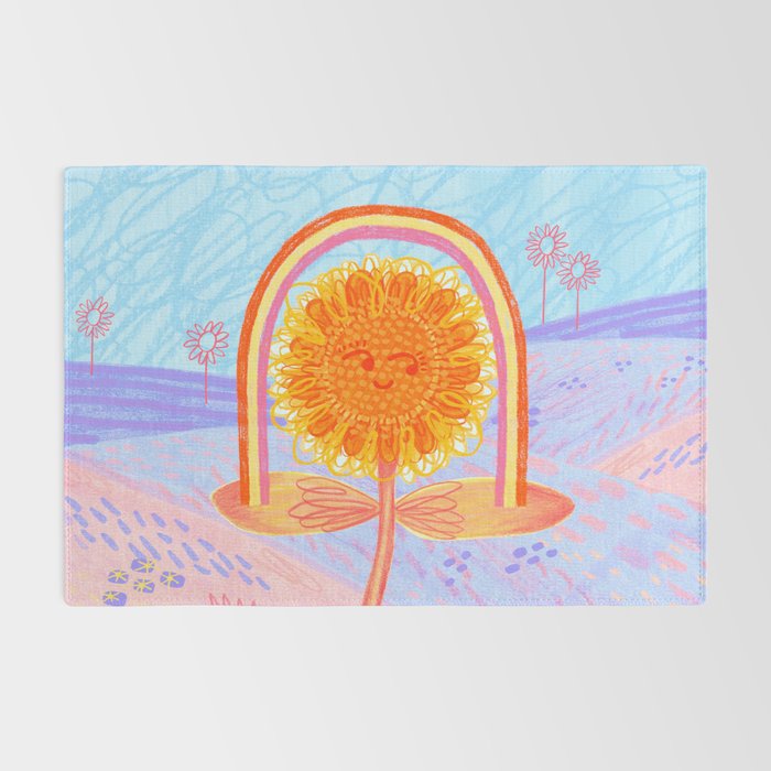 Retro Sunflower & Rainbow in Blue & Pink Rug Gallery Image 2
