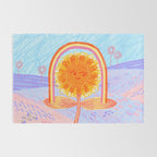Retro Sunflower & Rainbow in Blue & Pink Rug Gallery Image 2