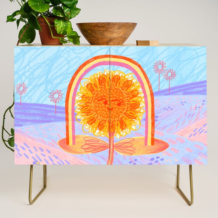 Retro Sunflower & Rainbow in Blue & Pink Credenza Gallery Image 1