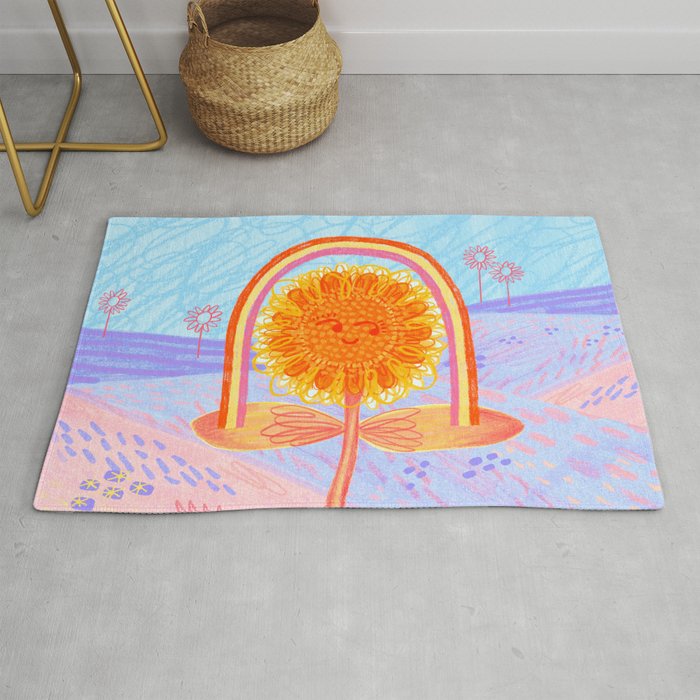 Retro Sunflower & Rainbow in Blue & Pink Rug Gallery Image 1