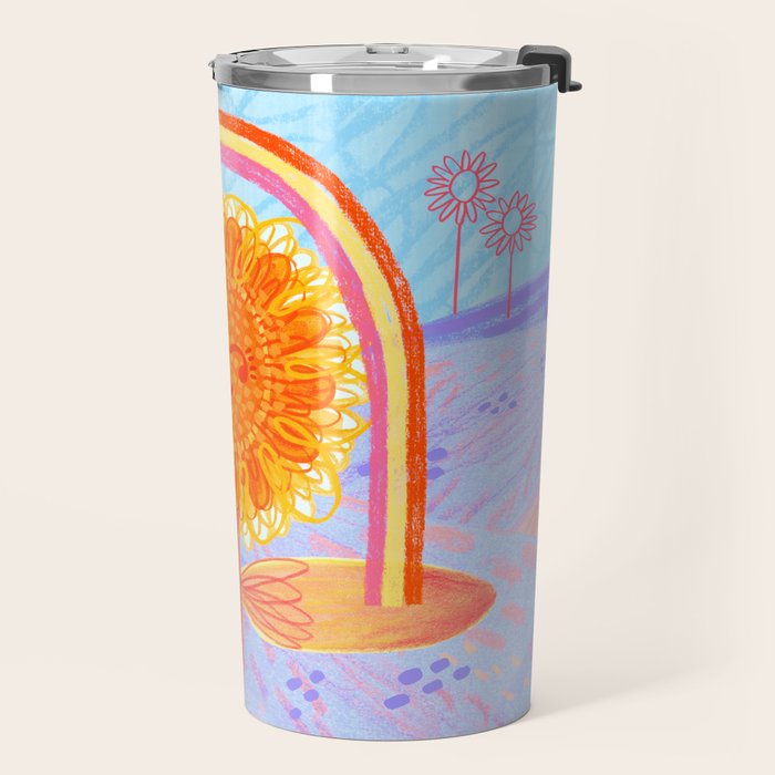 Retro Sunflower & Rainbow in Blue & Pink Travel Mug Gallery Image 2