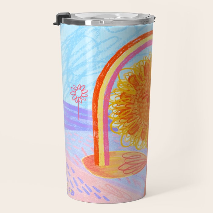 Retro Sunflower & Rainbow in Blue & Pink Travel Mug Gallery Image 3