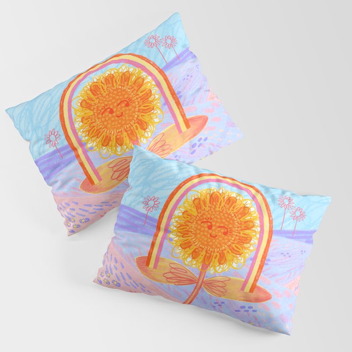 Retro Sunflower & Rainbow in Blue & Pink Pillow Sham Gallery Image 3
