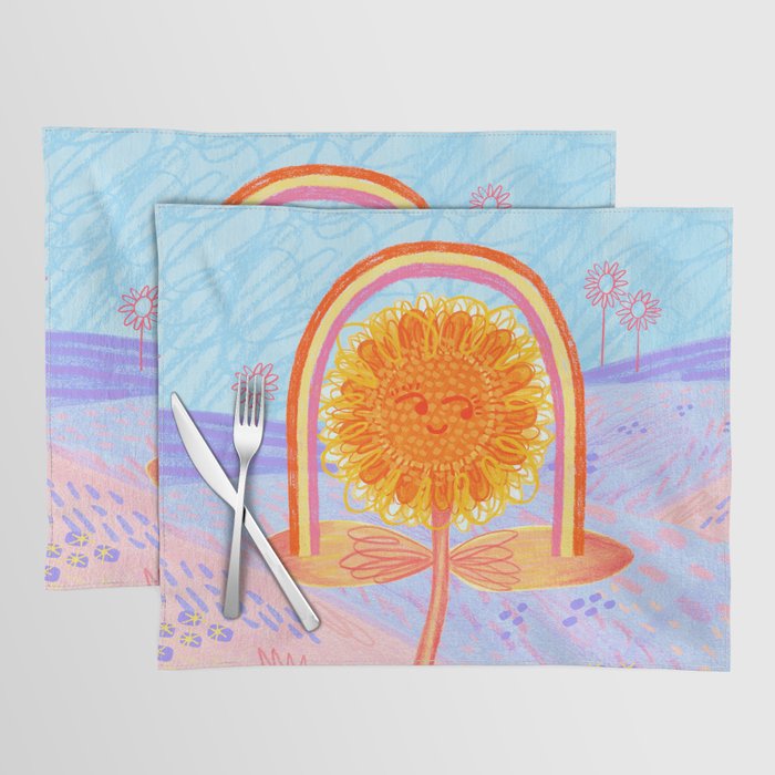 Retro Sunflower & Rainbow in Blue & Pink Placemat Gallery Image 1