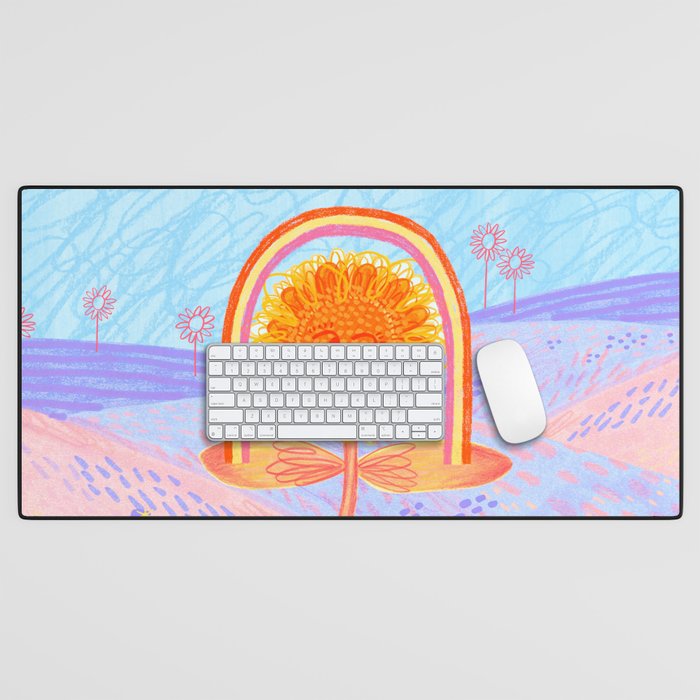 Retro Sunflower & Rainbow in Blue & Pink Desk Mat Gallery Image 1