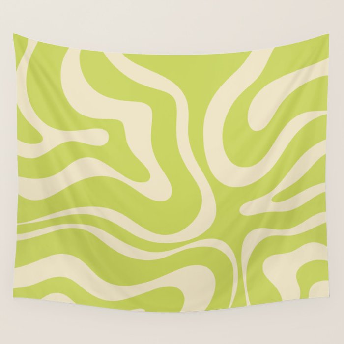 Modern Retro Liquid Swirl Abstract Pattern Light Lime Linden and Beige Wall Tapestry Gallery Image 4