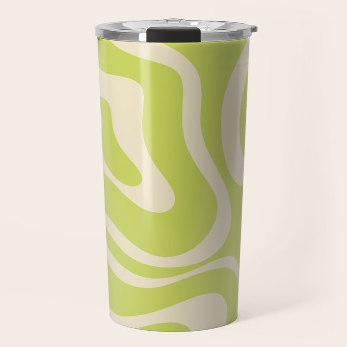 Modern Retro Liquid Swirl Abstract Pattern Light Lime Linden and Beige Travel Mug Gallery Image 1