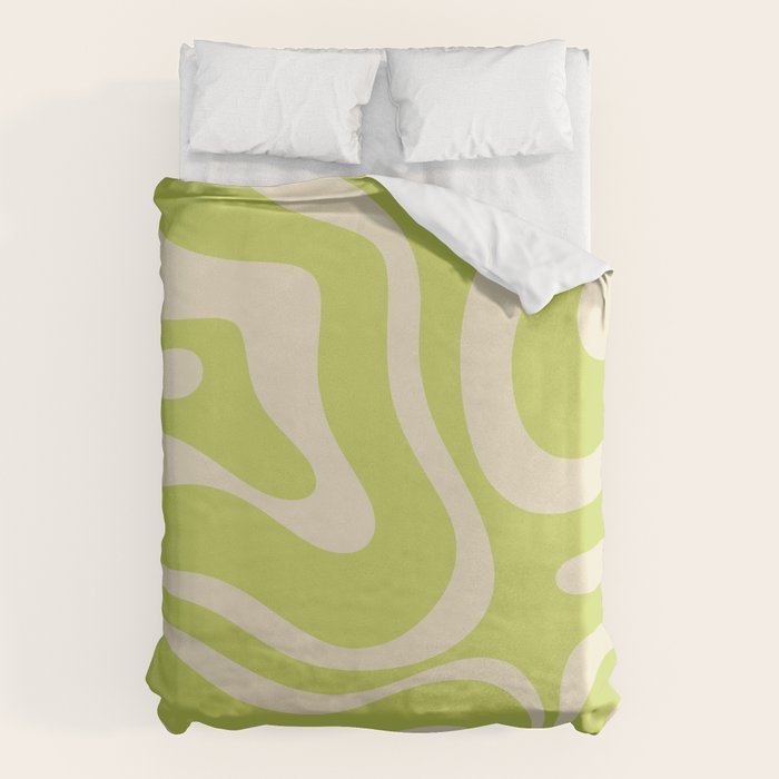 Modern Retro Liquid Swirl Abstract Pattern Light Lime Linden and Beige Duvet Cover Gallery Image 6