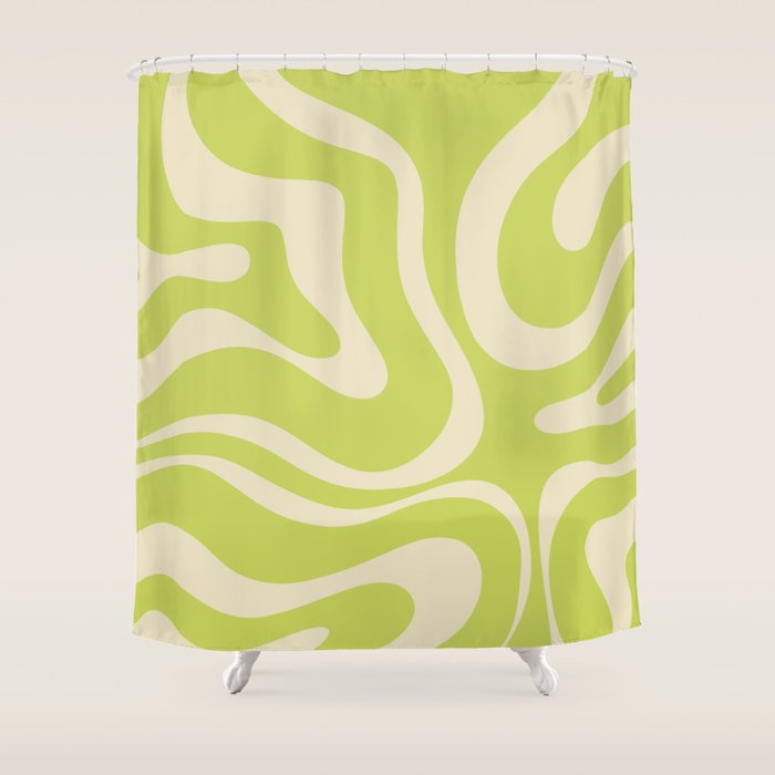Modern Retro Liquid Swirl Abstract Pattern Light Lime Linden and Beige Shower Curtain Gallery Image 1