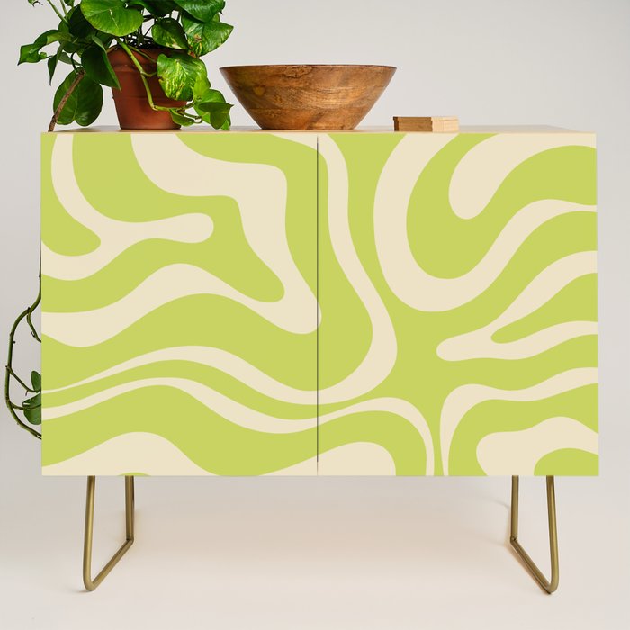 Modern Retro Liquid Swirl Abstract Pattern Light Lime Linden and Beige Credenza Gallery Image 1