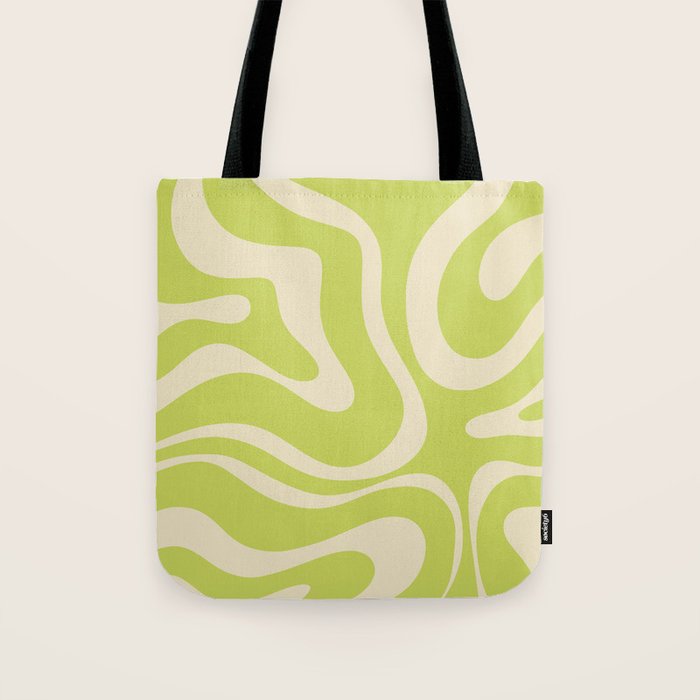 Modern Retro Liquid Swirl Abstract Pattern Light Lime Linden and Beige Tote Bag Gallery Image 1