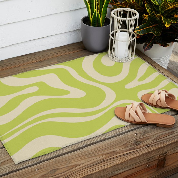 Modern Retro Liquid Swirl Abstract Pattern Light Lime Linden and Beige Outdoor Rug Gallery Image 2