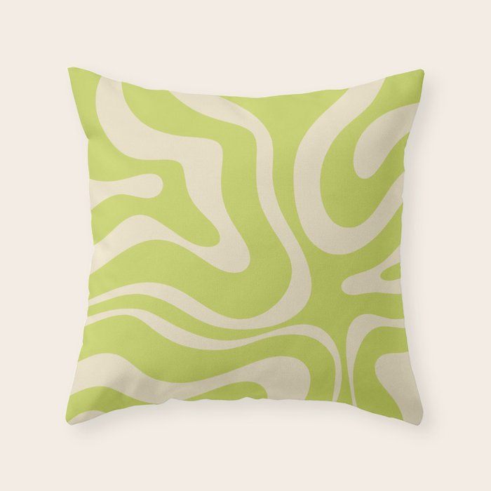 Modern Retro Liquid Swirl Abstract Pattern Light Lime Linden and Beige Throw Pillow Gallery Image 6