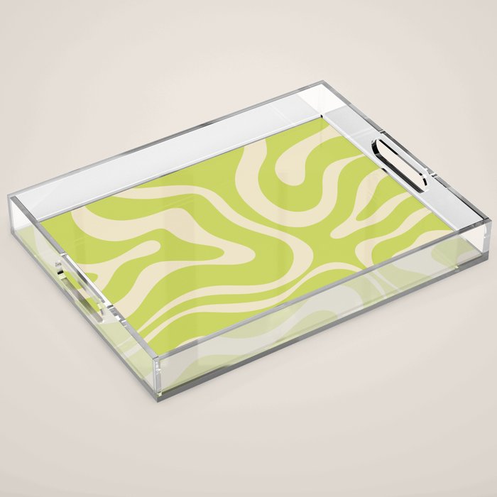 Modern Retro Liquid Swirl Abstract Pattern Light Lime Linden and Beige Acrylic Tray Gallery Image 1