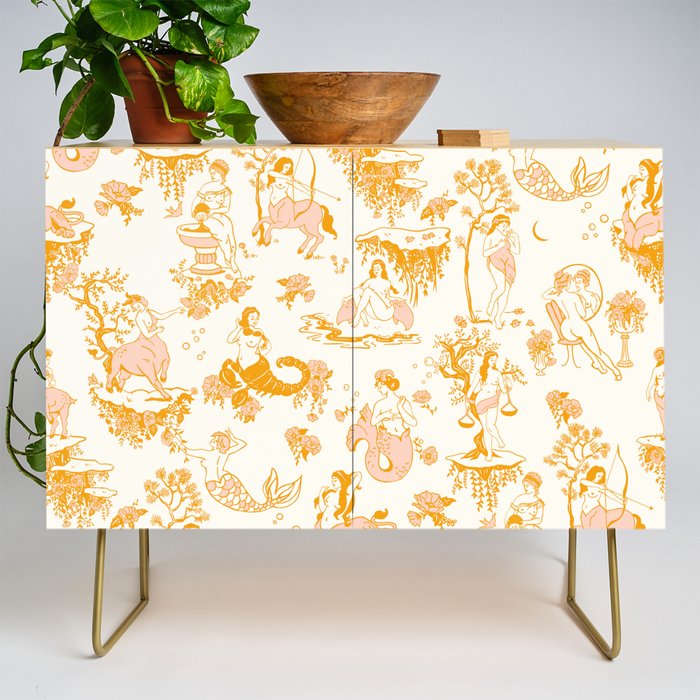 Honey, Pink & Gold Zodiac Toile Pattern. A Great Gift Idea For Astrology Fans! Credenza Gallery Image 1
