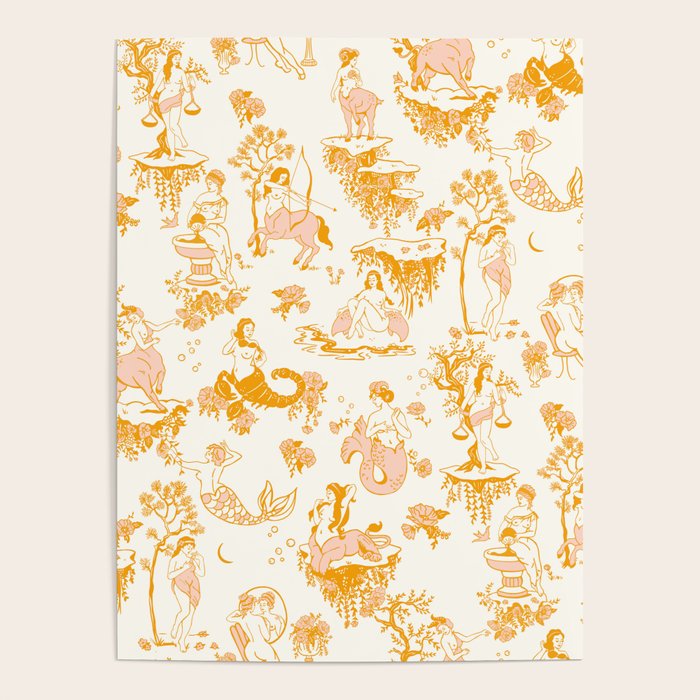Honey, Pink & Gold Zodiac Toile Pattern. A Great Gift Idea For Astrology Fans! Poster Gallery Image 1