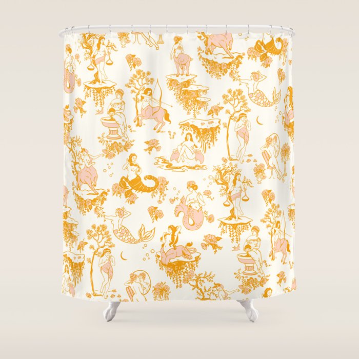Honey, Pink & Gold Zodiac Toile Pattern. A Great Gift Idea For Astrology Fans! Shower Curtain Gallery Image 1