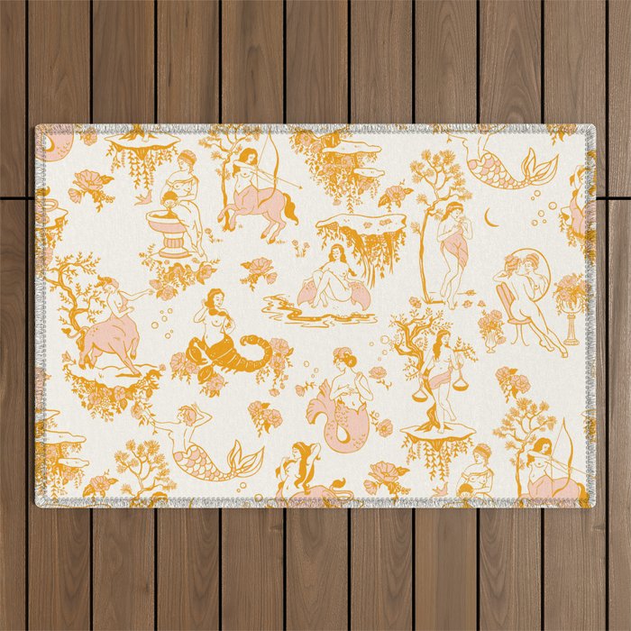 Honey, Pink & Gold Zodiac Toile Pattern. A Great Gift Idea For Astrology Fans! Outdoor Rug Gallery Image 1