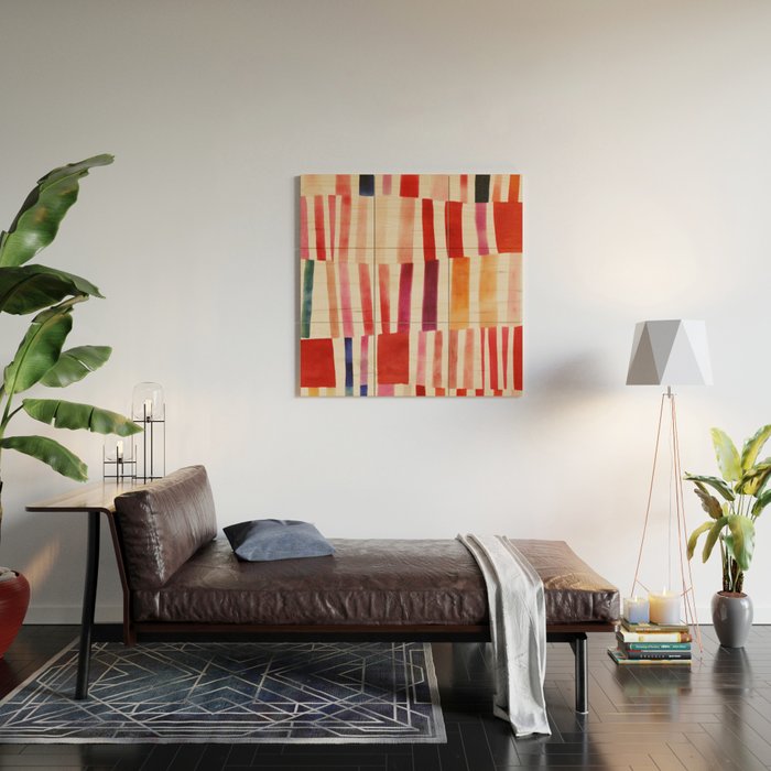Stripe Pattern in Warm Red Pink and Ochre Wood Wall Art Gallery Image 2