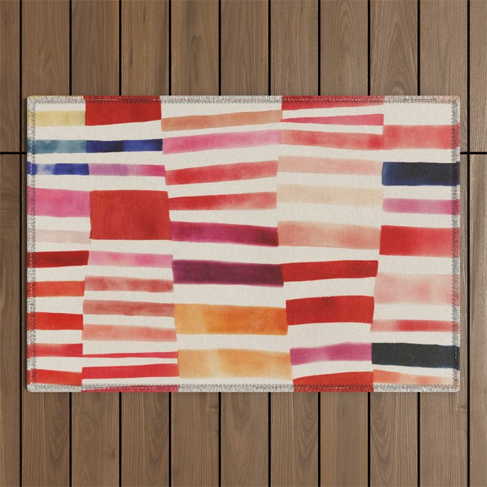 Stripe Pattern in Warm Red Pink and Ochre Outdoor Rug Gallery Image 1