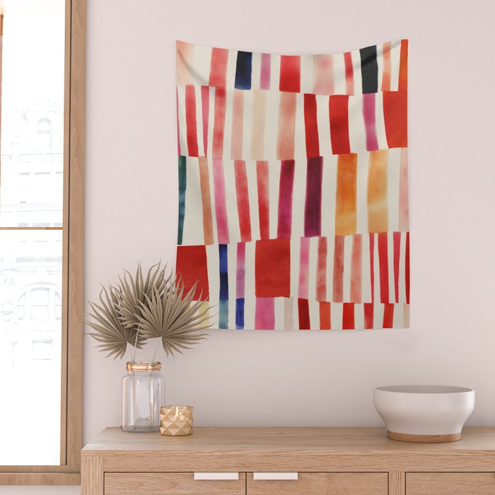 Stripe Pattern in Warm Red Pink and Ochre Wall Tapestry Gallery Image 2