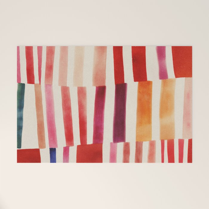 Stripe Pattern in Warm Red Pink and Ochre Welcome Mat Gallery Image 1