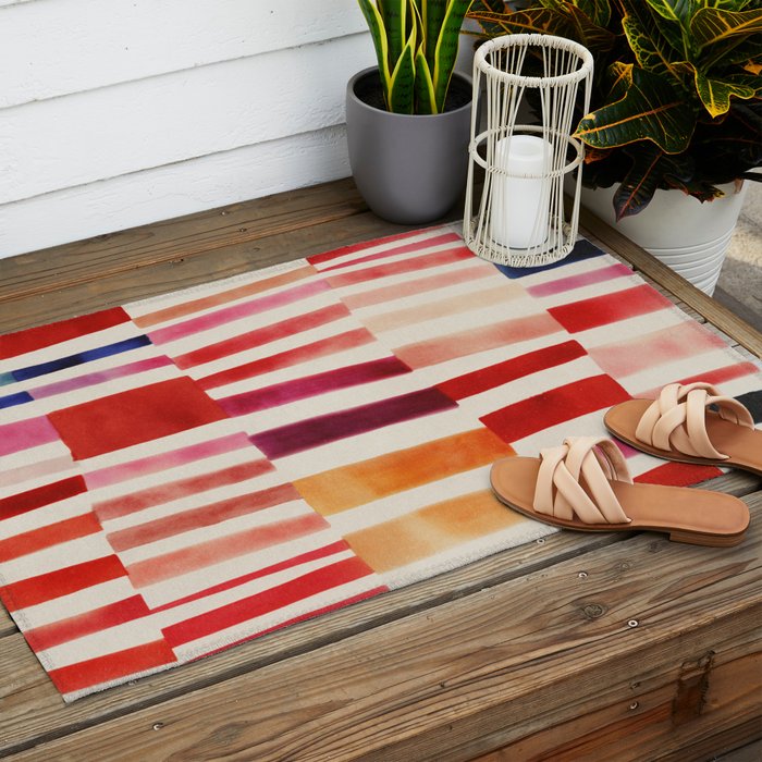 Stripe Pattern in Warm Red Pink and Ochre Outdoor Rug Gallery Image 2