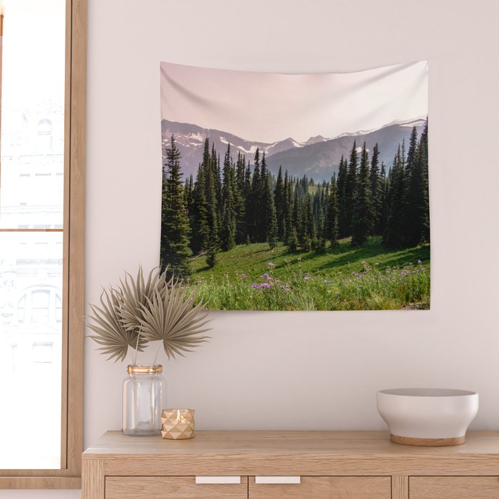 Mount Rainier Summer Adventure X - Pacific Northwest Mountain Landscape Wall Tapestry Gallery Image 2