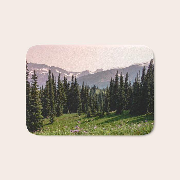 Mount Rainier Summer Adventure X - Pacific Northwest Mountain Landscape Bath Mat Gallery Image 1
