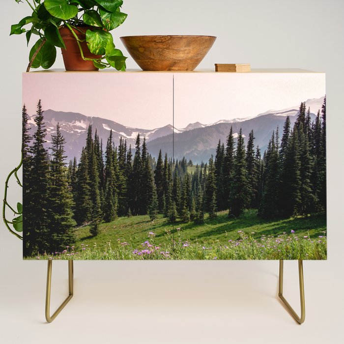 Mount Rainier Summer Adventure X - Pacific Northwest Mountain Landscape Credenza Gallery Image 1