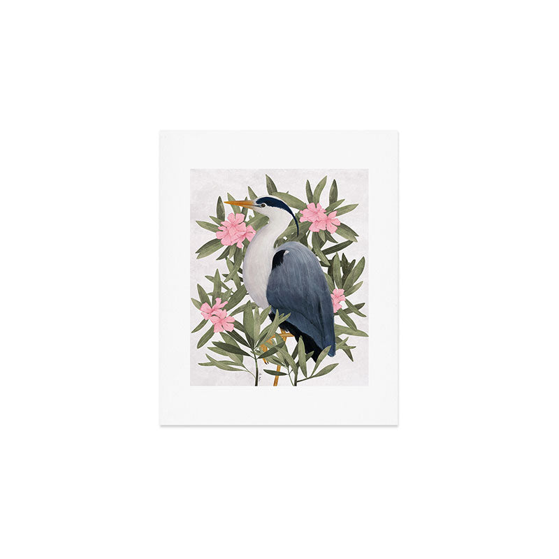 Gray heron and oleander plant - Art Print Gallery Image 1