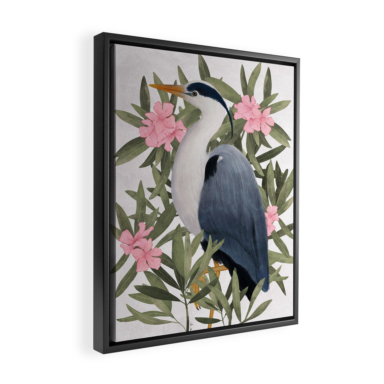 Gray heron and oleander plant - Framed Canvas Print Gallery Image 2