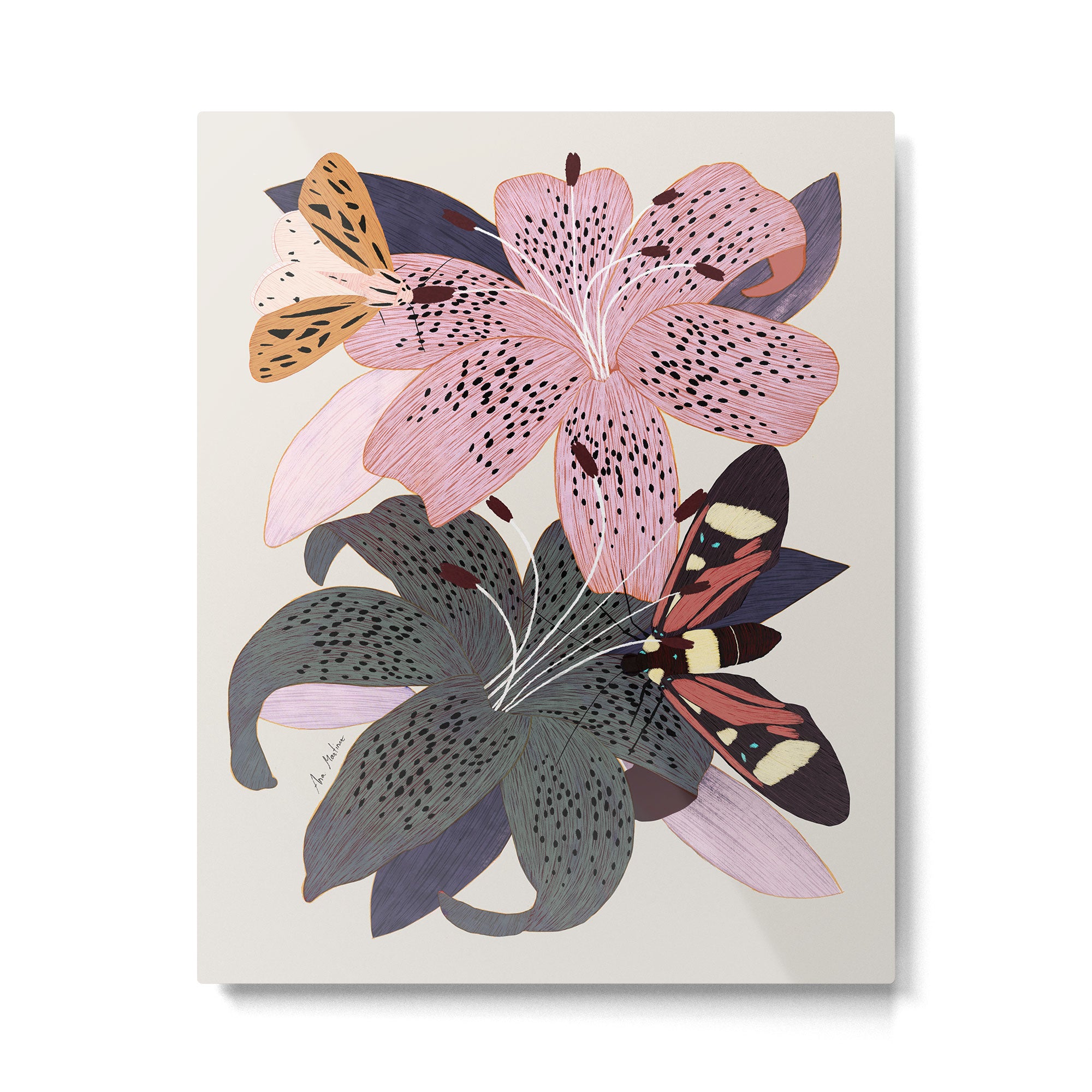 Lilies and butterflies insects Metal Print Gallery Image 4