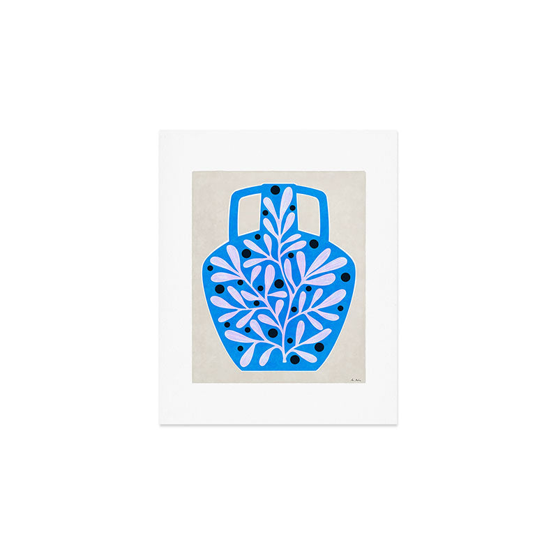 Mediterramean blue vase and leaves Art Print Gallery Image 1