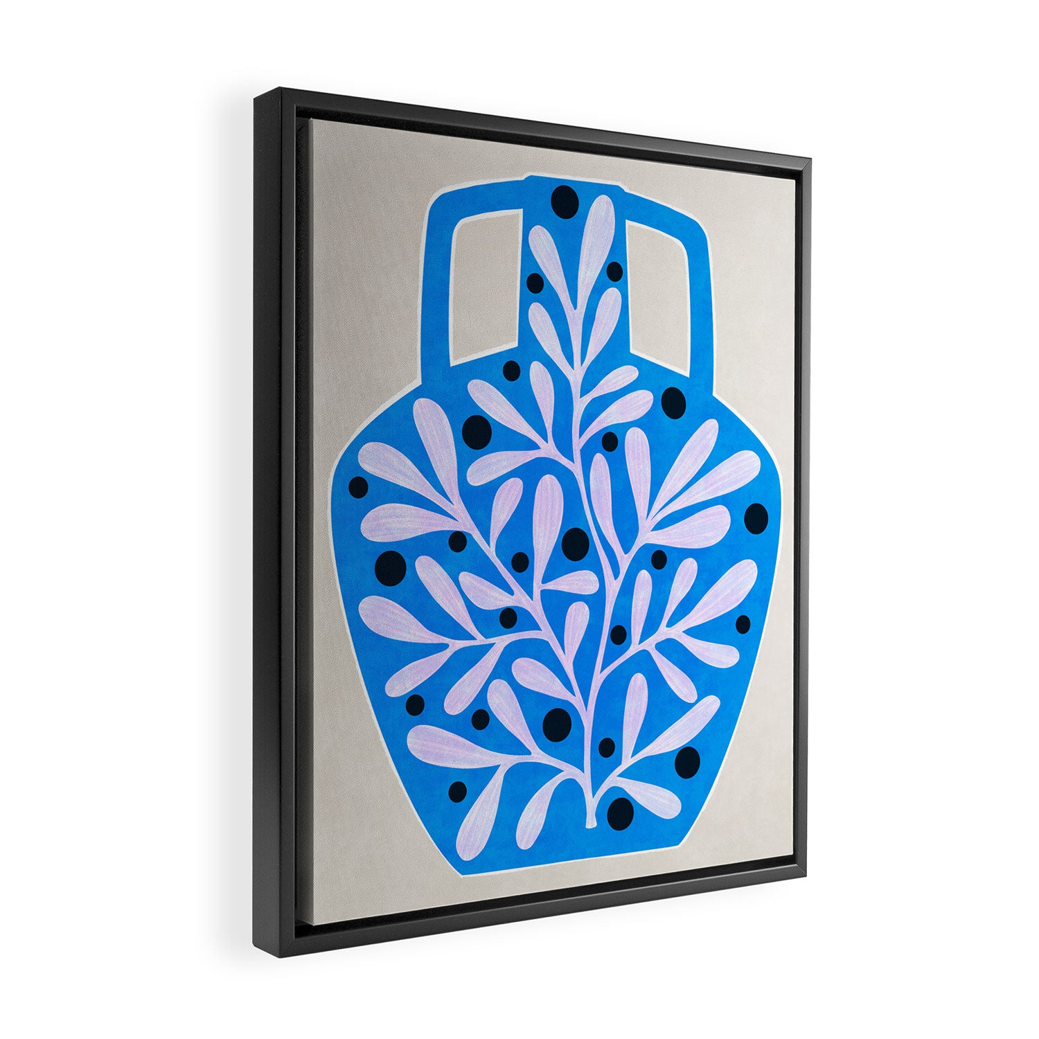 Mediterramean blue vase and leaves Framed Canvas Print Gallery Image 2