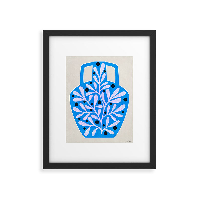 Mediterramean blue vase and leaves Framed Art Print Gallery Image 6