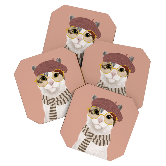 Portrait of a cat with a beret Coaster Gallery Image 1