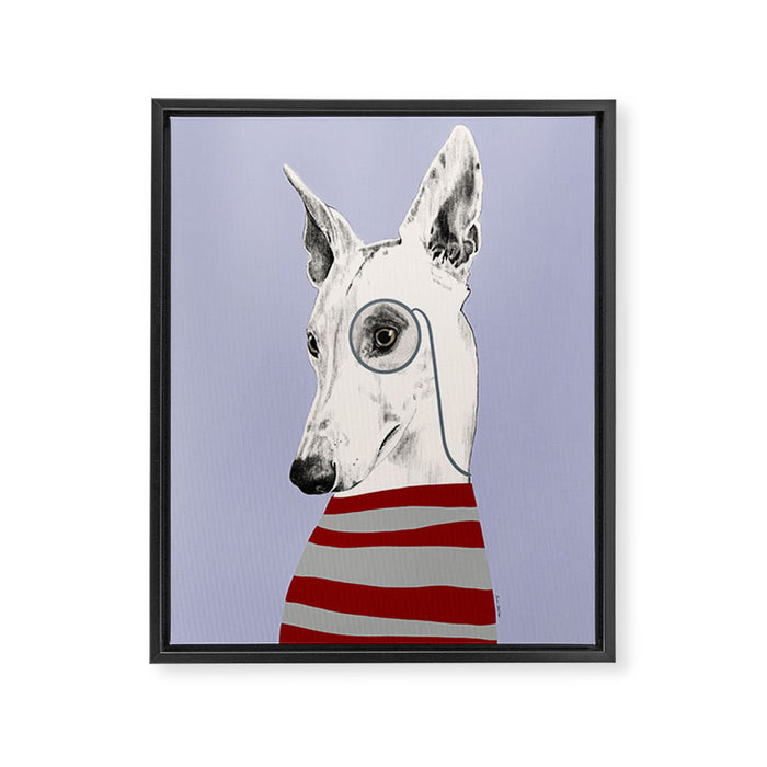 Portrait of a greyhound dog with a monocle Framed Canvas Print Gallery Image 1