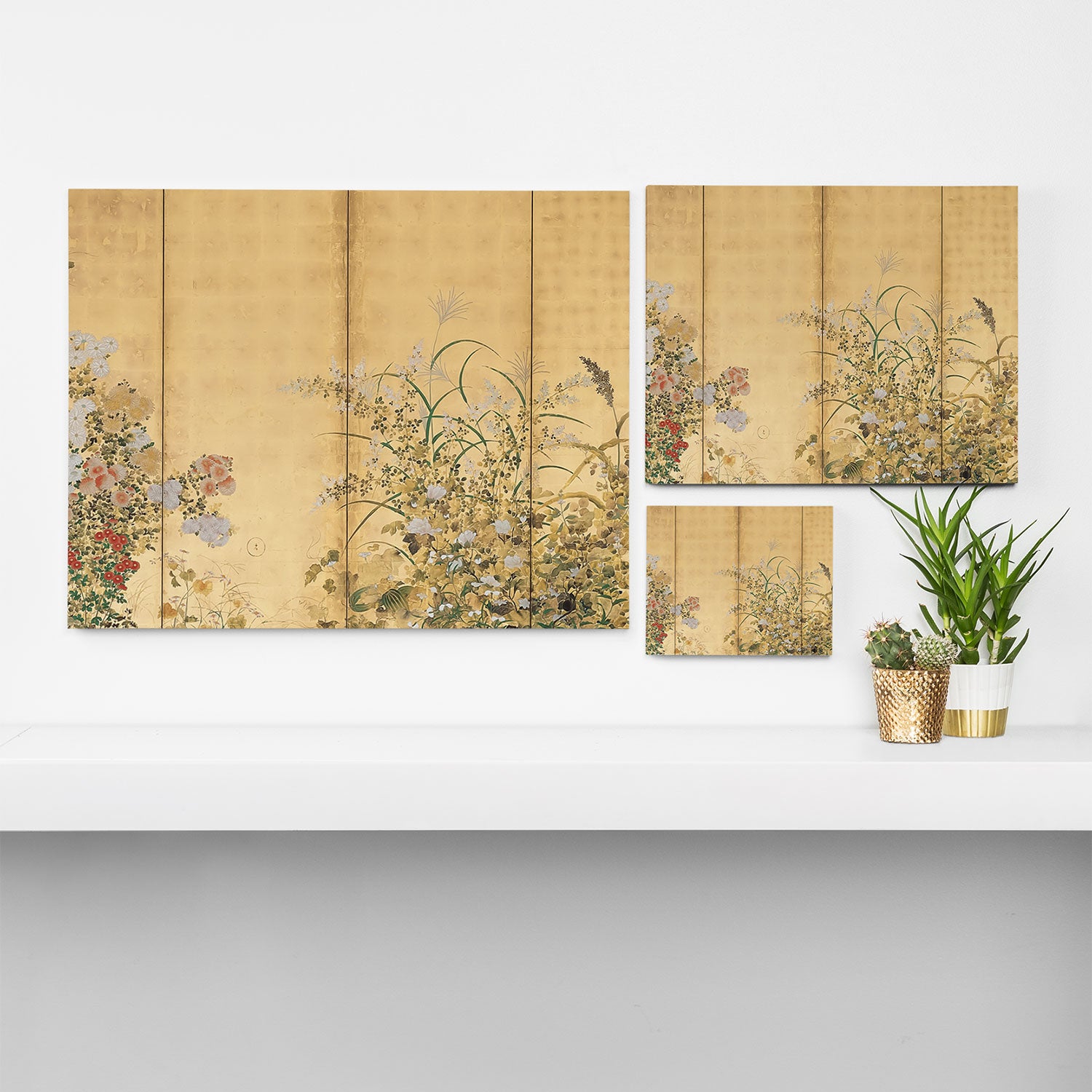 Japanese Edo Period Six-Panel Gold Leaf Screen - Spring and Autumn Flowers Canvas Print Gallery Image 3