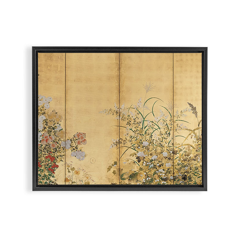 Japanese Edo Period Six-Panel Gold Leaf Screen - Spring and Autumn Flowers Framed Canvas Print Gallery Image 3