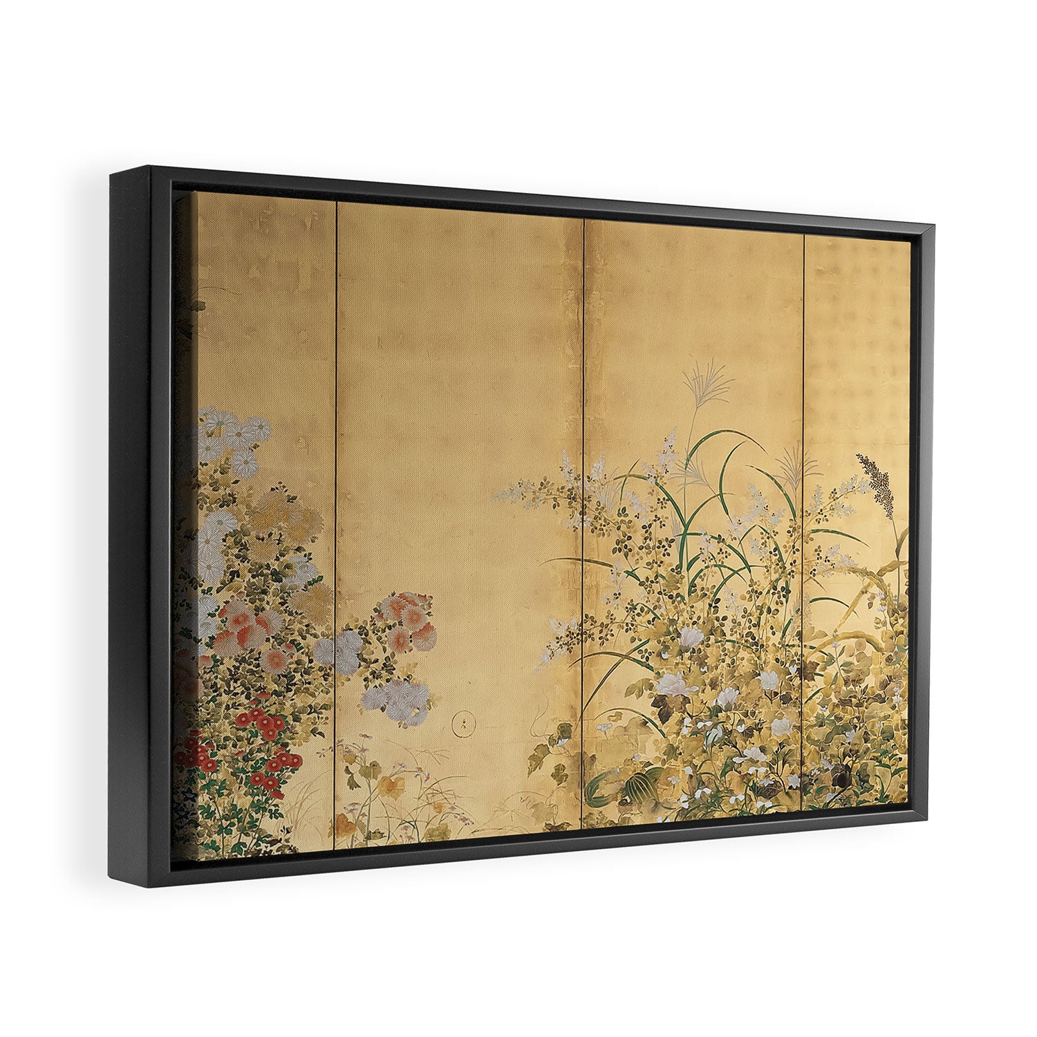 Japanese Edo Period Six-Panel Gold Leaf Screen - Spring and Autumn Flowers Framed Canvas Print Gallery Image 2