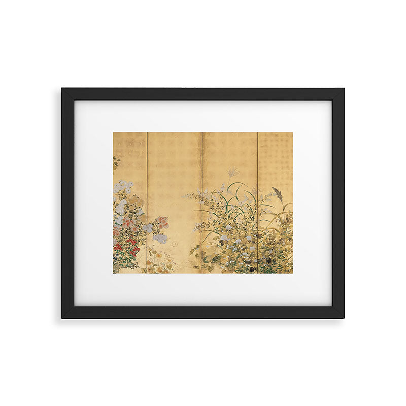 Japanese Edo Period Six-Panel Gold Leaf Screen - Spring and Autumn Flowers Framed Art Print Gallery Image 5