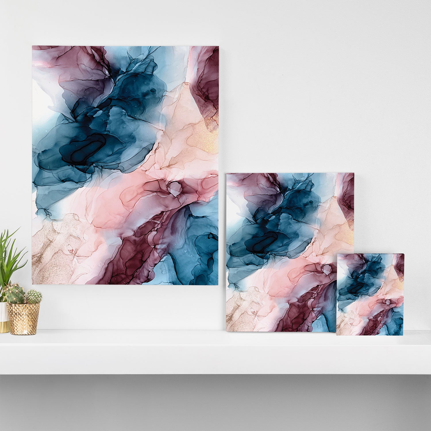 Pastel Plum, Deep Blue, Blush and Gold Abstract Painting Canvas Print Gallery Image 3