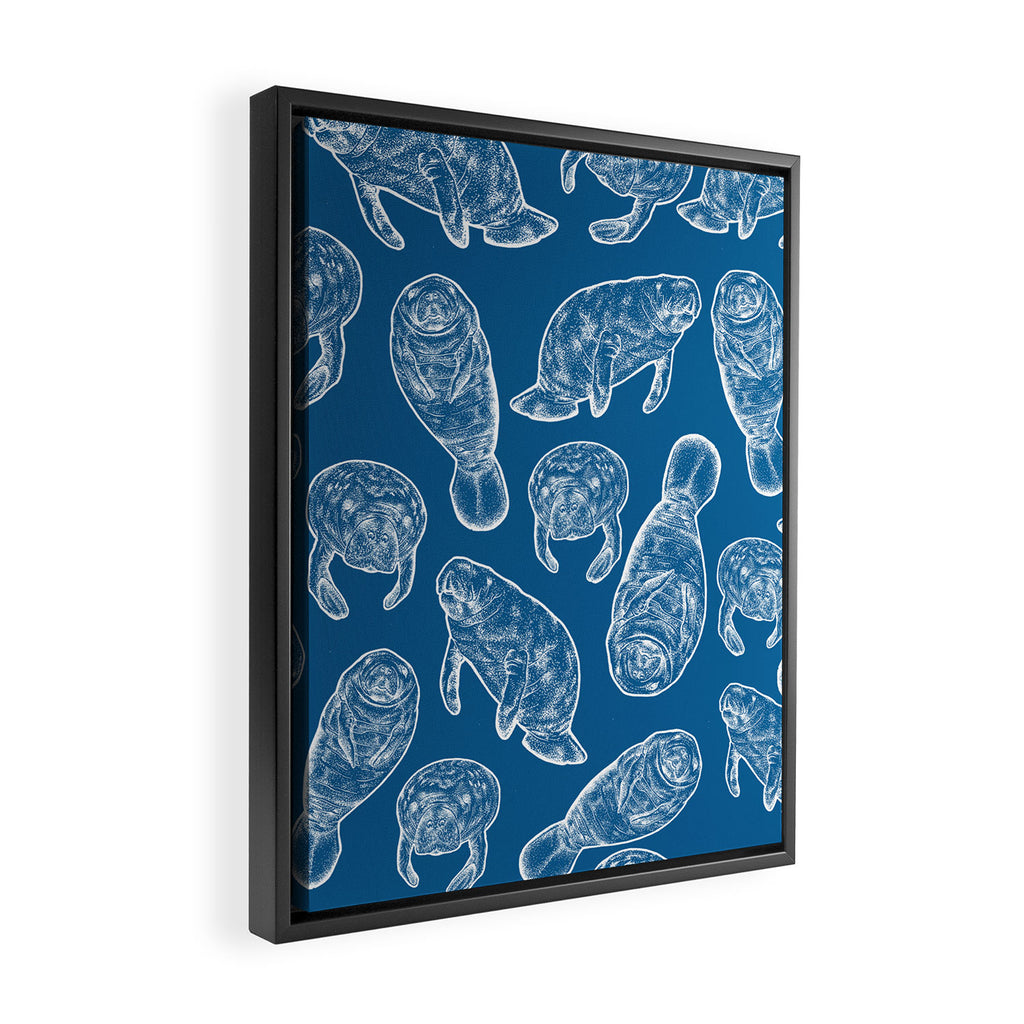 Manatees - Classic Blue Framed Canvas Print Gallery Image 2